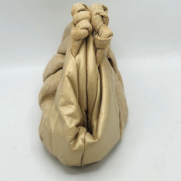 PARIS Vintage 80s Genuine Leather Gold Linen Metallic Woven Details Clutch. - Picture 2 of 15
